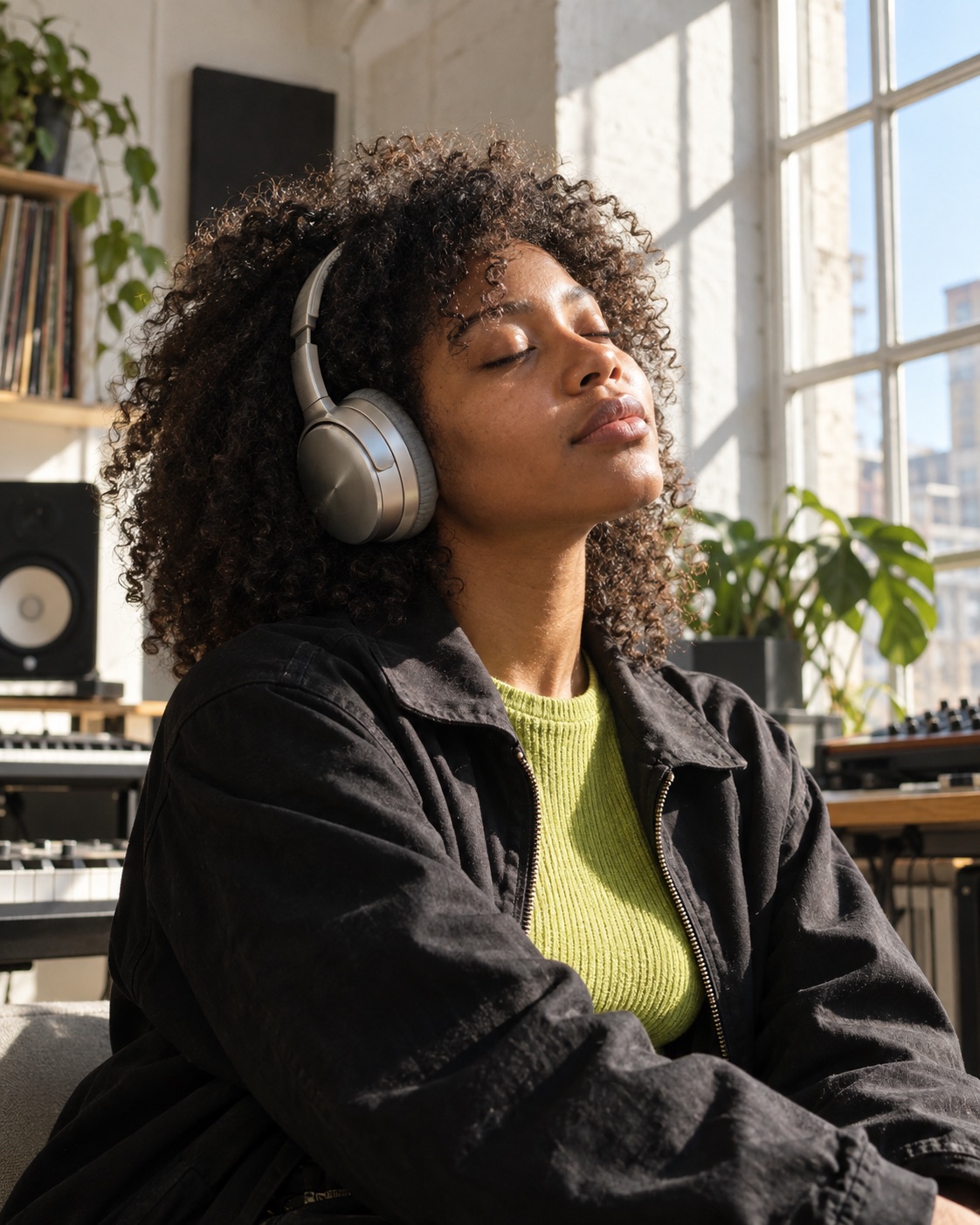A listener enjoying music on headphones in a sunlit studio